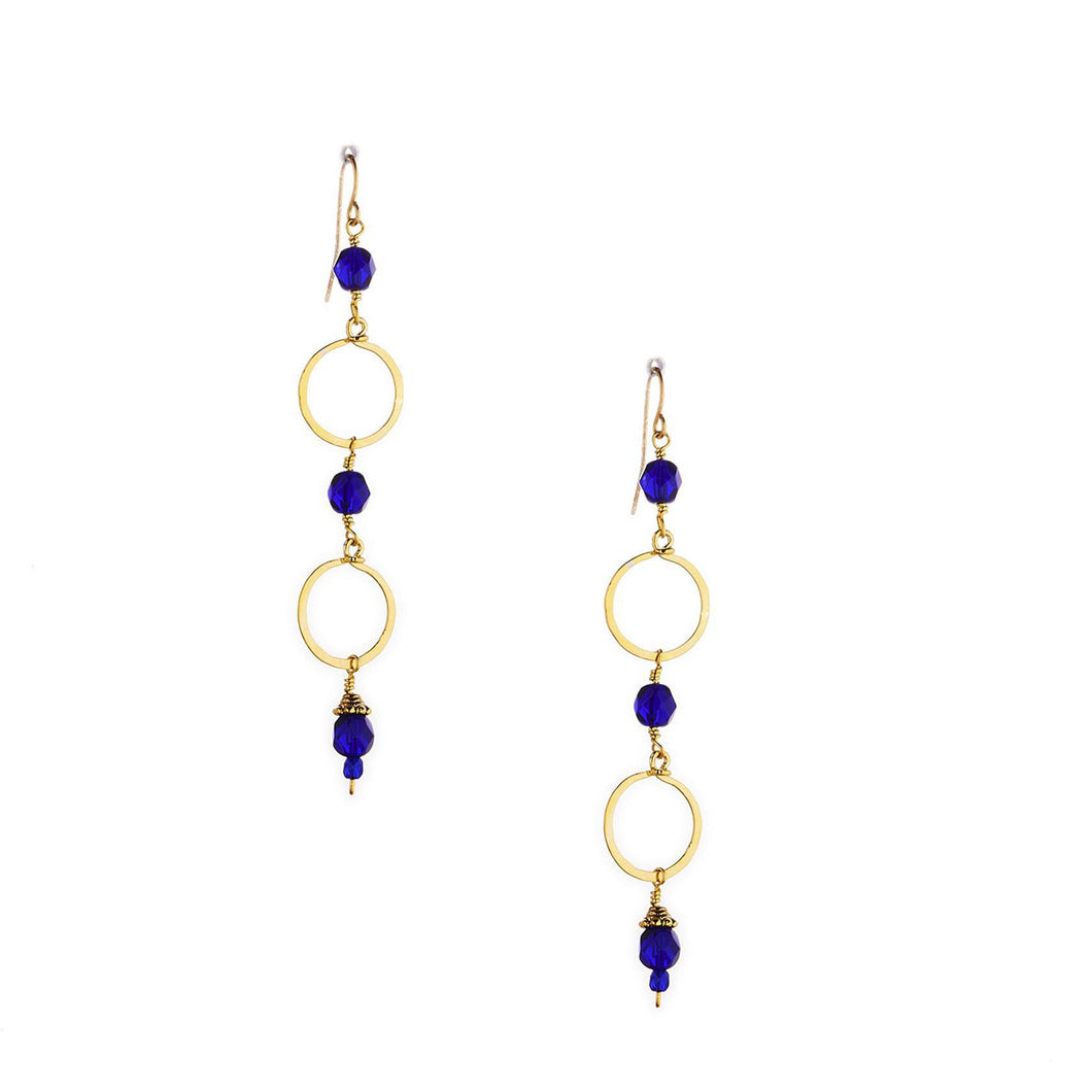 Double Circle Gold Navy Beaded Long Earrings