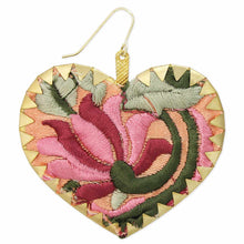 Load image into Gallery viewer, Pink Embroidered Crimped Set Heart Earrings
