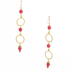 Double Circle Gold Red Beaded Long Earrings