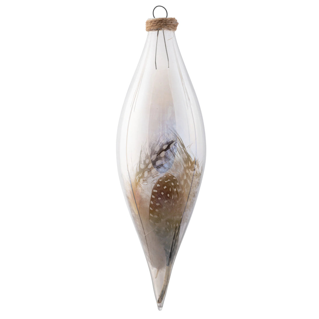 Feather Filled Glass Long Teardrop Ornament