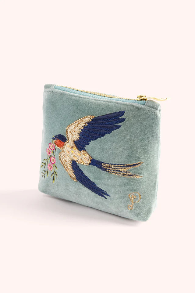 Swooping Swallows Velvet Embroidered Mini Pouch