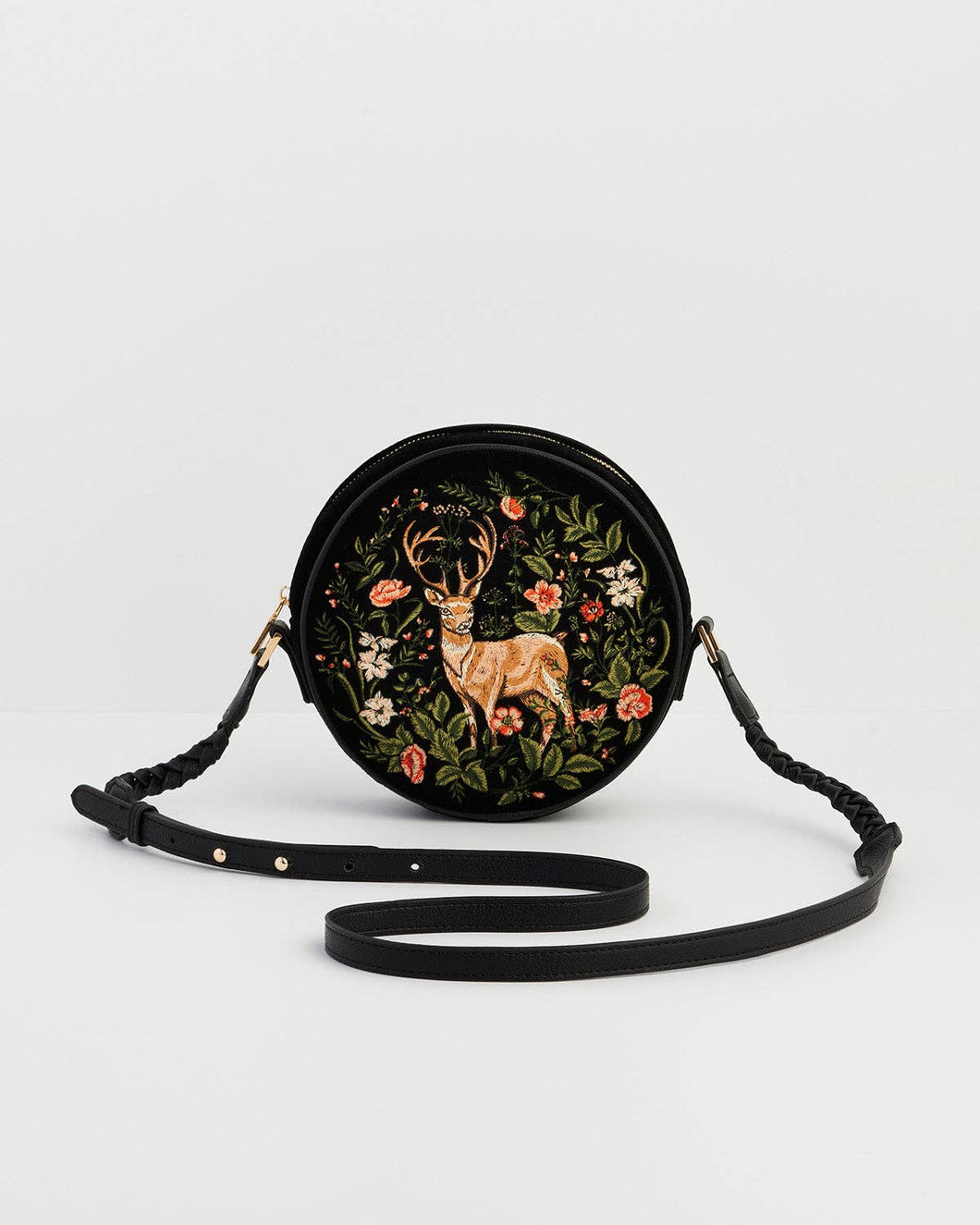 Aurora Fawn Embroidered Black Circle Bag